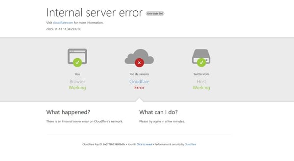 Erro 500 do Cloudflare: falha interna no servidor na rede de Rio de Janeiro e no mundo, impedindo acesso ao site.